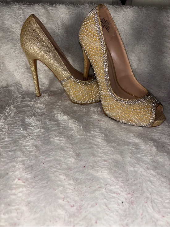 De Blossom Collection Shoes - De Blossom Collection Gold Rhinestone & Pearl Peep-Toe Heels